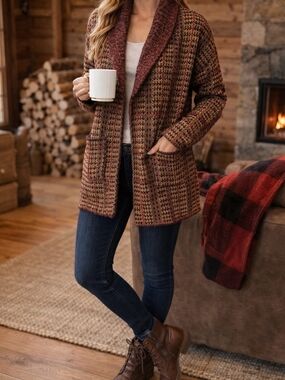 Lety & Me Cozy Plaid Shawl Collar Cardigan Cabin Fall Sweater L
